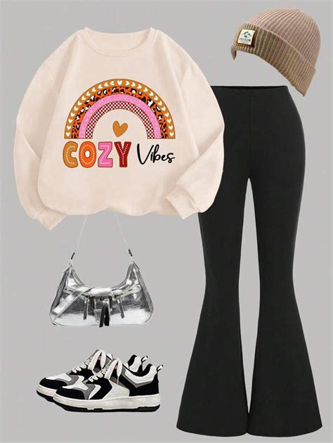 SHEIN Tween Girl Cozy Vibes Thick Knitted Rainbow Pattern Loose Crew ...