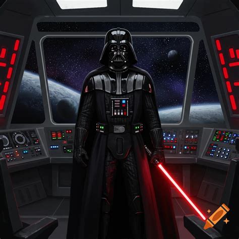 Darth Vader holding a red lightsaber inside a spaceship looking out at ...