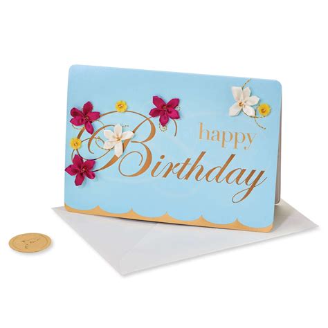 Exquisite Papyrus Birthday Card with Embroidered Flowers, Metallic Gold ...