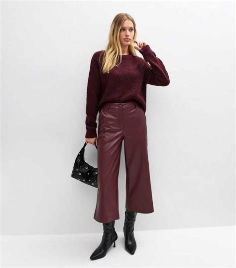 Burgundy Faux Leather Wide Leg Cropped Trousers | New Look