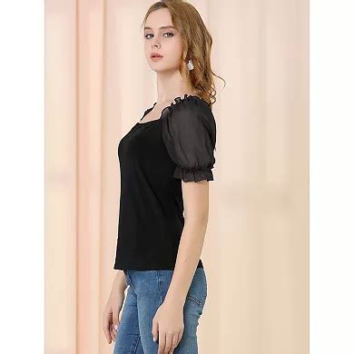 Women's Elegant Puffy Sheer Sleeve Blouse Square Neck Tops