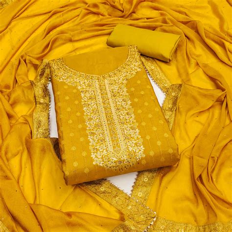 Yellow Woven Floral Jacquard Dress Material