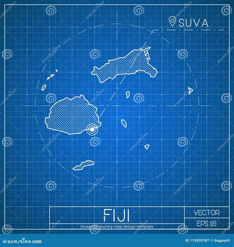 Fiji Blueprint Map Template with Capital City. Stock Vector - Illustration of circle, blue ...
