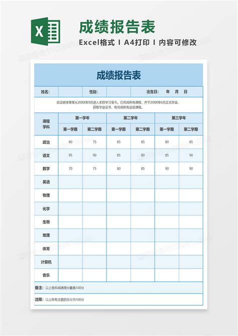 成绩报告表Excel模板下载_熊猫办公