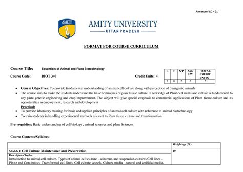 Animal and plant biotech - FORMAT FOR COURSE CURRICULUM Annexure ‘CD ...
