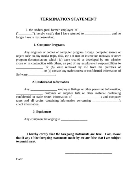 Employee Termination Statement - Blank Fillable Template | Fill Out ...