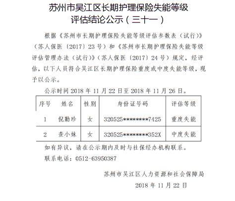 苏州市吴江区长期护理保险失能等级评估结论公示（三十一）_社会保险