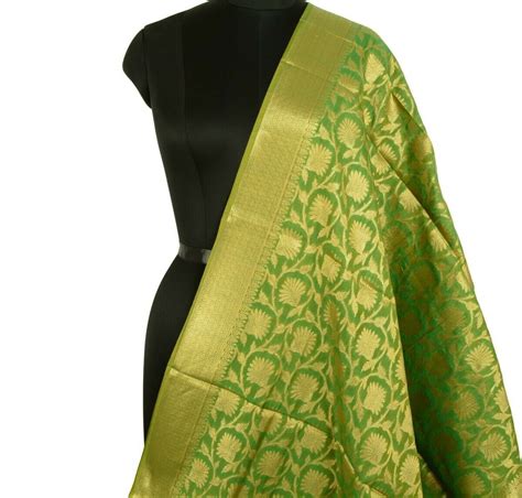 Green Banarasi Dupatta Floral Woven Zari Brocade Indian Long Stole Wra ...