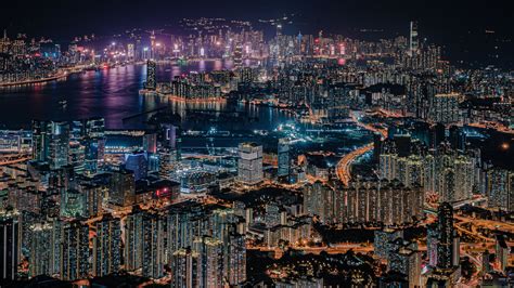 Download wallpaper 2560x1440 night city, city, aerial view, metropolis ...