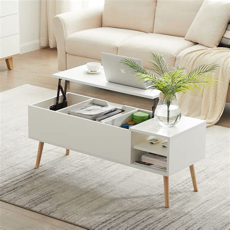 Buy Lift Top Matte White Coffee Table for Living Room, Wooden Center ...