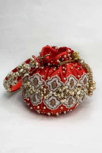 Buy Red Pearls, Stones Sehej Embellished Potli Bag by Kainiche By Mehak ...
