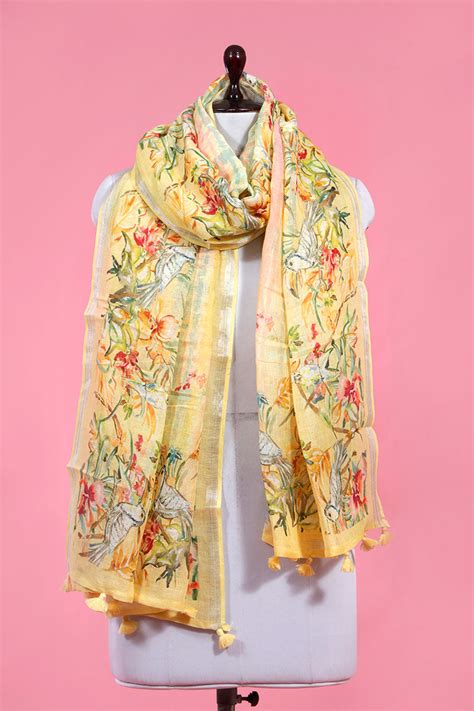 Light Yellow Floral Printed Linen Dupatta | Chinaya Banaras