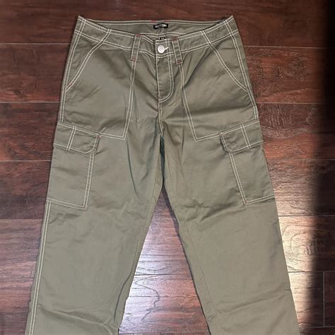 Green True Religion cargo pants with red stitching... | Depop