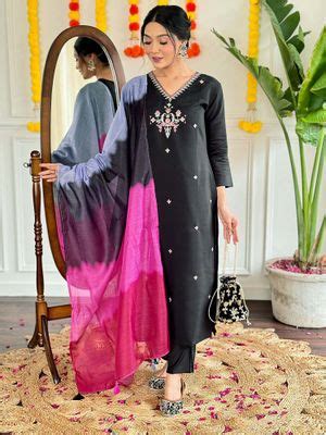 Buy BLACK SCISSOR Black Viscose Chanderi Kurta with Pant and Dupatta ...