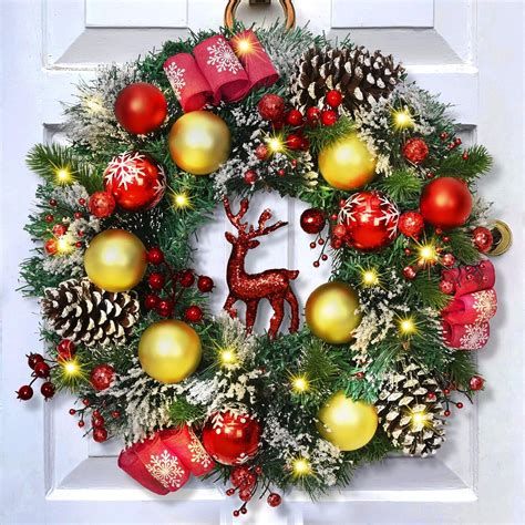 Waipfaru Pre-Lit Christmas Wreaths for Front Door,16"Artificial ...