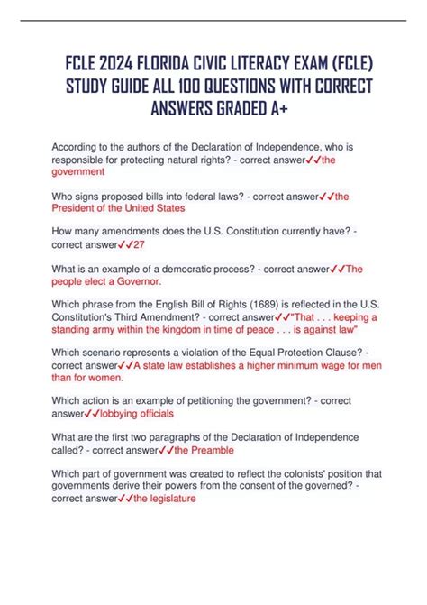 FCLE 2024 FLORIDA CIVIC LITERACY EXAM (FCLE) STUDY GUIDE ALL 100 ...