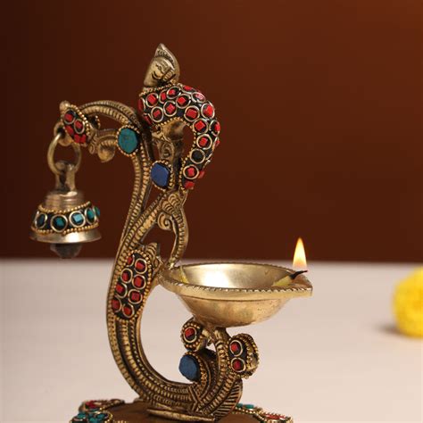 Brass Ethnic Peacock Diya With Hanging bell (8 Inch) – Vedansh Craft