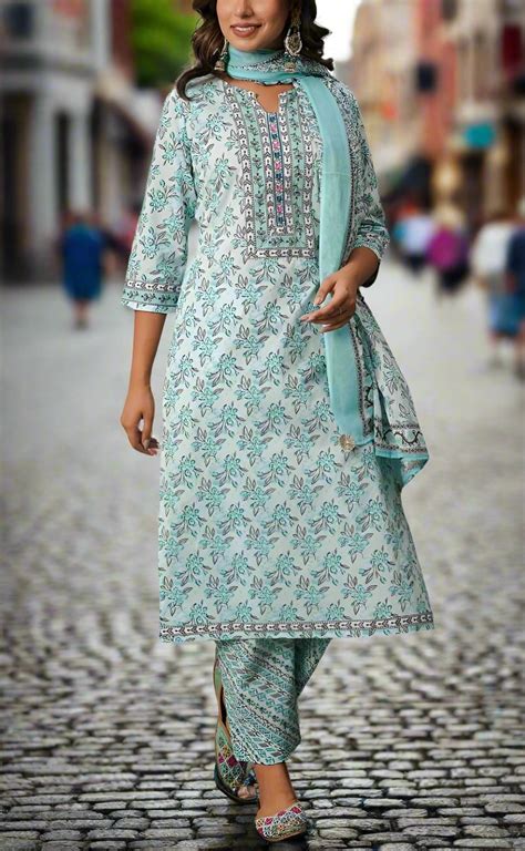 Sea Green/Grey Floral Cotton Kurti With Pant And Dupatta Set.Pure Vers ...