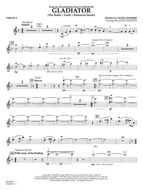 Gladiator (arr. John Wasson) - Violin 1 by Hans Zimmer Sheet Music for Orchestra at Sheet Music ...