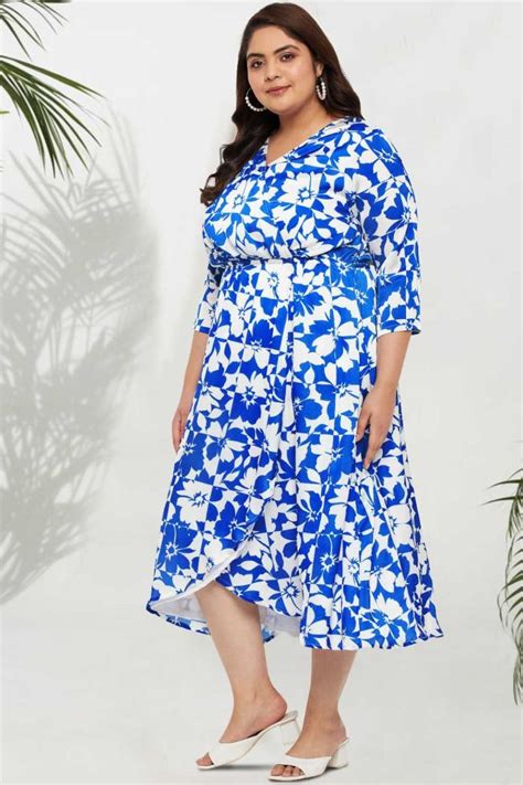 Blue White Plus Size Floral Wrap Midi Dress