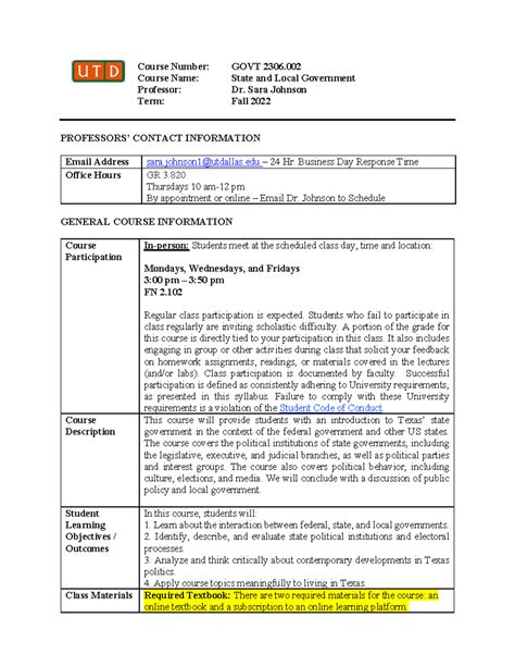 Johnson Govt 2306.002 Fall 2022 - Course Number: Course Name: GOVT 2306 ...