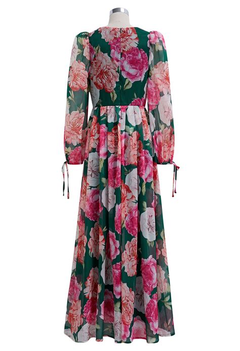Emerald Rose Garden V-Neck Floral Printed Dress with Long Sleeves for ...