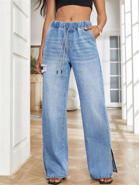 Custom Women Drawstring Waist Split Hem Wide Leg Jeans