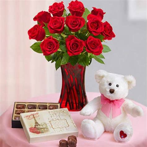 Buy 10 Red Roses with vase, Teddy bear & handmade Chocolates Online at ...