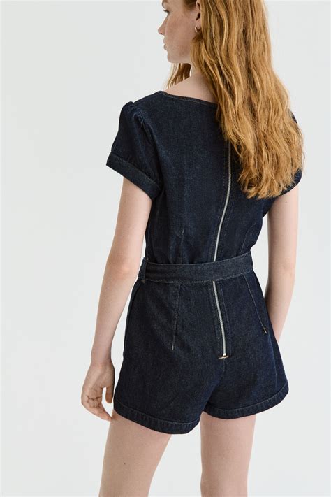 Belted denim playsuit - Dark denim blue - Ladies | H&M IN