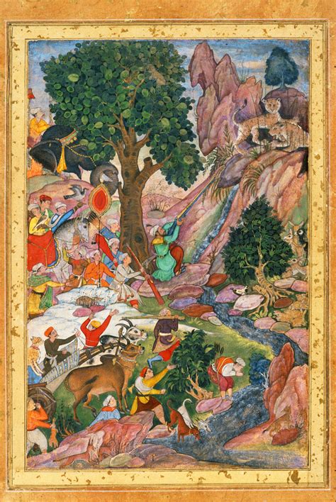 Akbar Hunting Mountain Lions, Miniature from a copy of Abu’l-Fazl’s ...