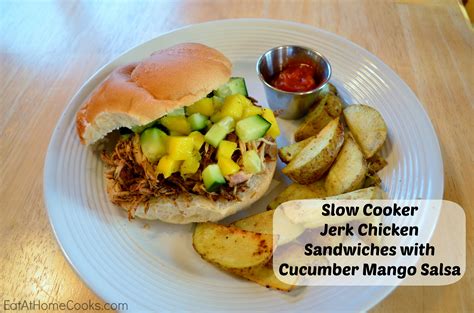 Slow Cooker Jerk Chicken Sandwiches with Cucumber Mango Salsa - Eat at Home