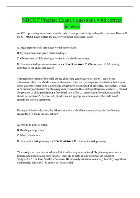 NBCOT Practice Exam 1 questions with correct answers - NBCOT - Stuvia US