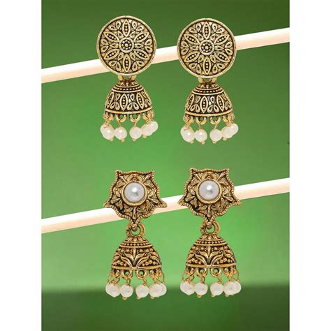 Buy OOMPH Combo of 2 Antique Gold Pearls Ethnic Small Jhumka Earrings ...
