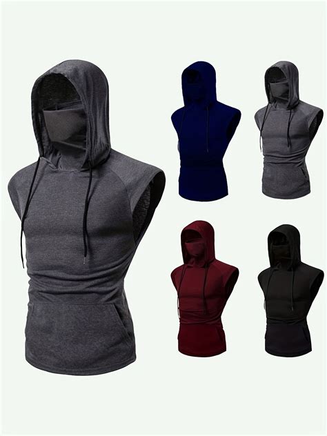 4pcs Men's Solid Sleeveless Hoodie With Mask, Active High Stretch ...