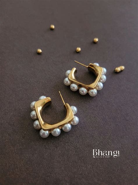 Bhangi Gold-Plated Pearl Square Hoop Earrings – Bhangi by Nilja K Baby