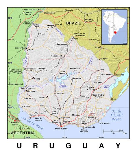 Detailed political map of Uruguay with relief | Uruguay | South America | Mapsland | Maps of the ...