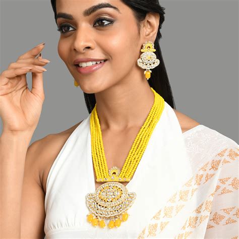 Buy Fida Wedding Ethnic Gold Plated Yellow Beaded Layered Jewellery Set ...