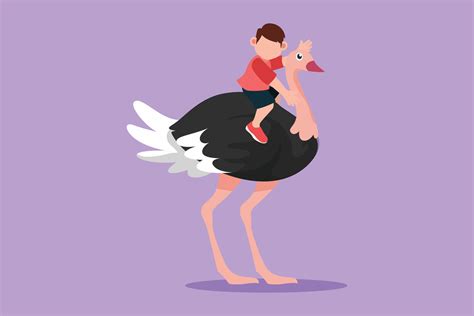Graphic flat design drawing happy little boy riding cute ostrich. Brave ...