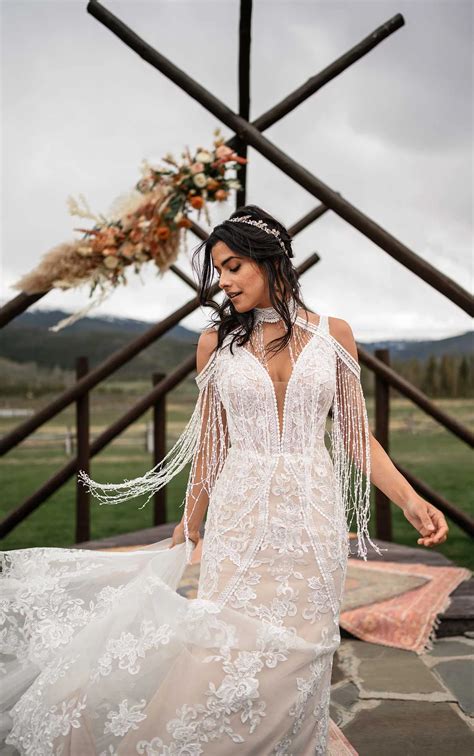 Earthy Bohemian Wedding Dress with Floral Lace | All Who Wander Wedding Dresses