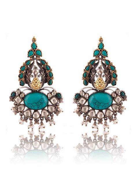 Aurora Peacock Turquoise Statement Earrings with Kundan – Neeta Boochra ...