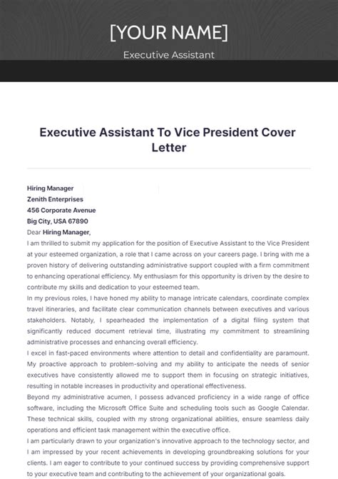 Free Executive Assistant To Vice President Cover Letter Template to Edit Online