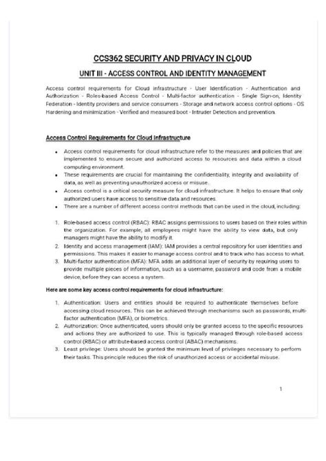 CCS362 Security and Privacy in Cloud: Unit 3 Access Control Notes - Studocu