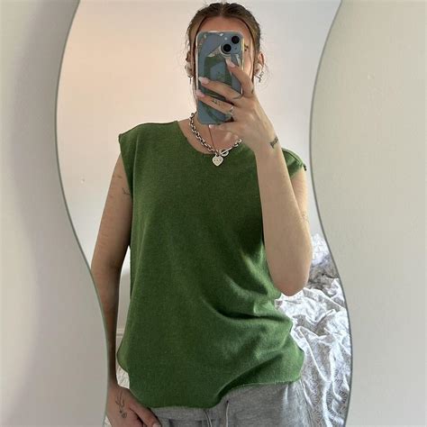 Green vintage knit vest top shown on a size 6 -... - Depop