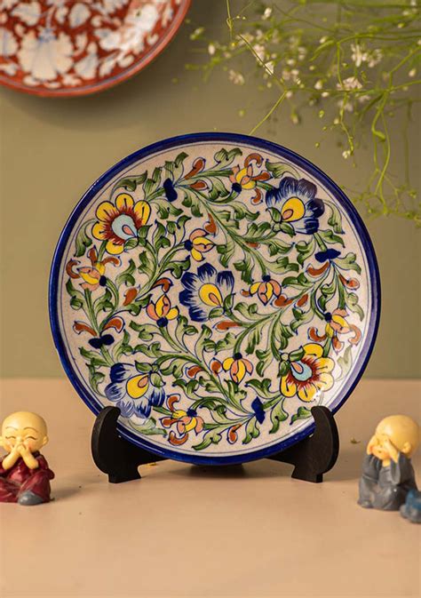 Multicolour Flowers Pattern Blue Pottery Plate