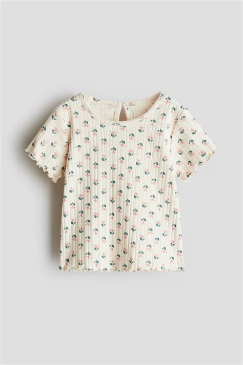 Ribbed jersey top - Cream/Floral - Kids | H&M IN