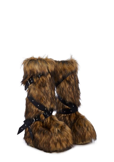 Club Exx Burning Man Faux Fur Strappy Knee High Wedge Platform Boots ...