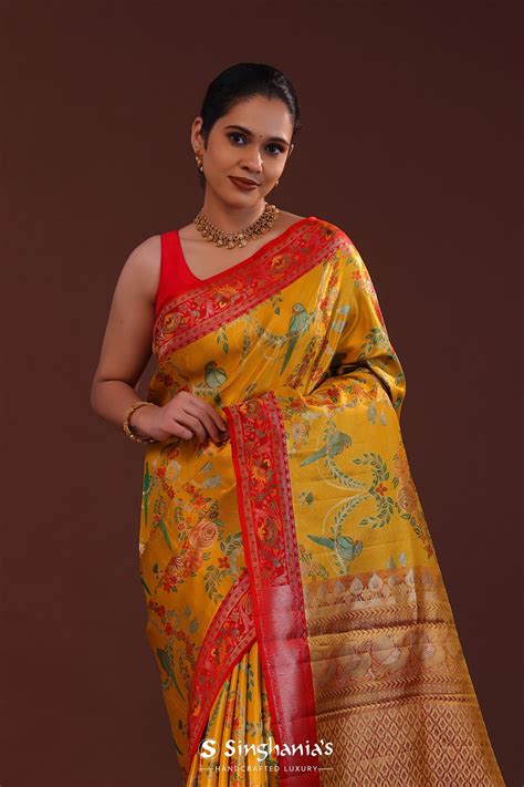 Mustard Yellow Kanjivaram Tissue Saree With Avian Design| Singhania's