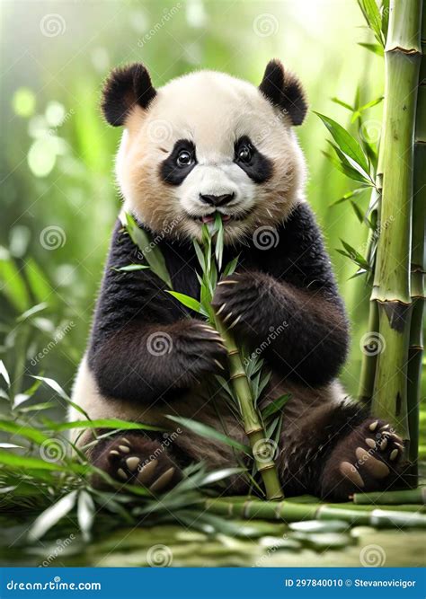 Cute Young Panda Eating Bamboo Leaves, Generative Ai Stock Illustration ...