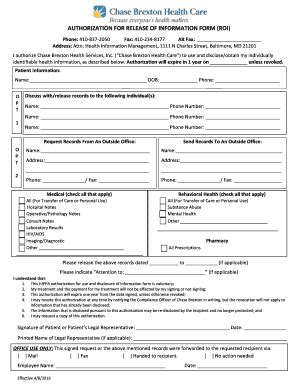 MD Chase Brexton Health Care Authorization For Release Of Information ...