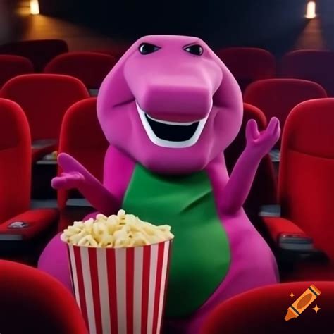 Barney character enjoying popcorn in movie theater on Craiyon
